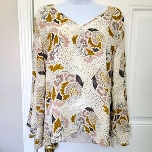 Kenar Women's Blouse V Neck Bell Sleeve Ivory Gold Pink Floral Career Size Small